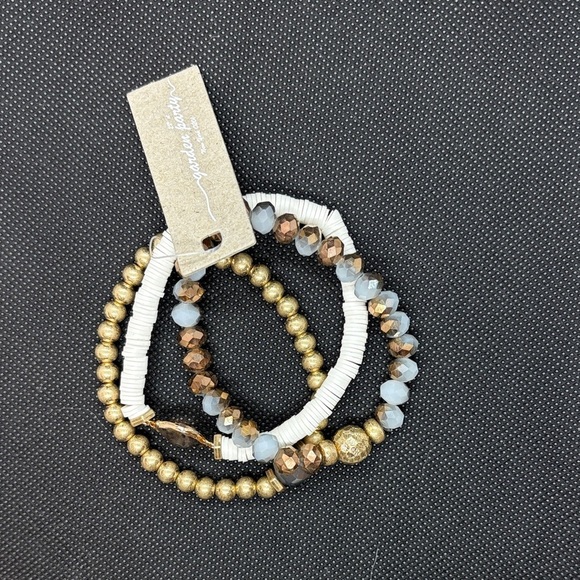 Triple Strand Elegant Gold, Blue and White Beaded Bracelet Set - Picture 2 of 4